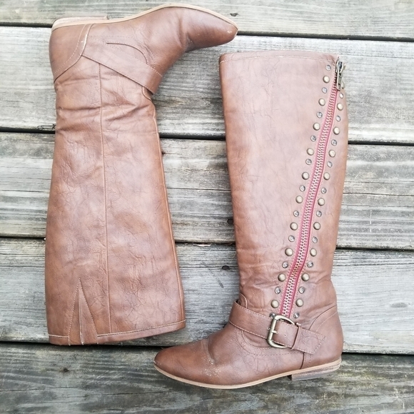 Y2k Not Rated Brown Faux Vegan Leather Exposed Zipper Stud Rhinestone Tall Boots - Picture 7 of 10
